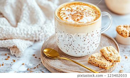 Creamy beverage topped with spice beside golden baked treats on wooden surface in cozy setting 123402033
