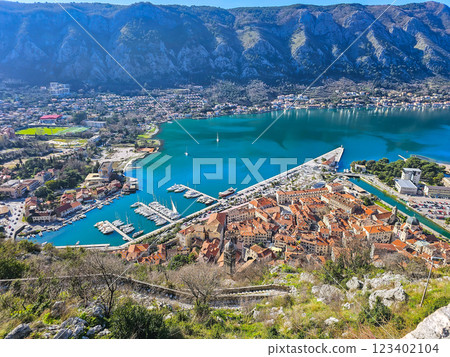 aerial view of the old town of Kotor, Montenegro. 123402104