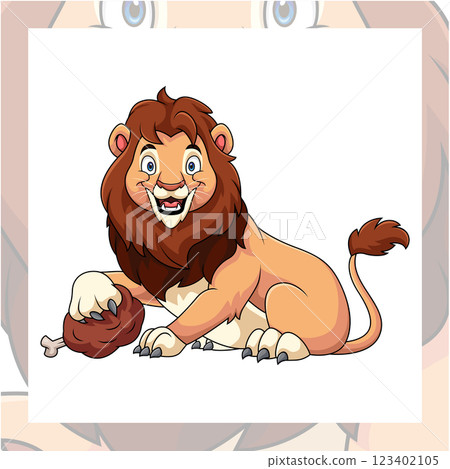 Cute cartoon lion holding a piece of meat Cute cartoon lion holding a piece of meat 123402105