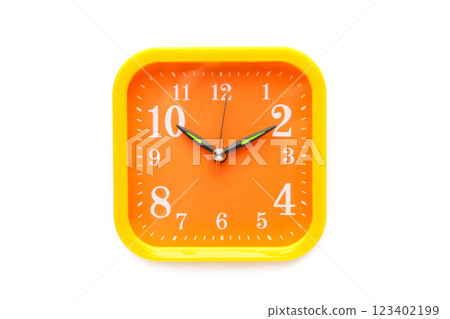 Yellow alarm clock isolated over white background close-up with clipping path 123402199