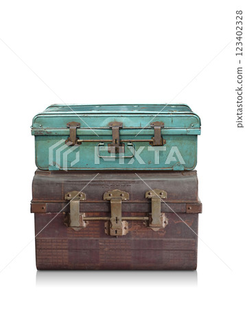 front view antique green iron chest sits on top of antique brown iron chest on white background, object, decor, copy space 123402328