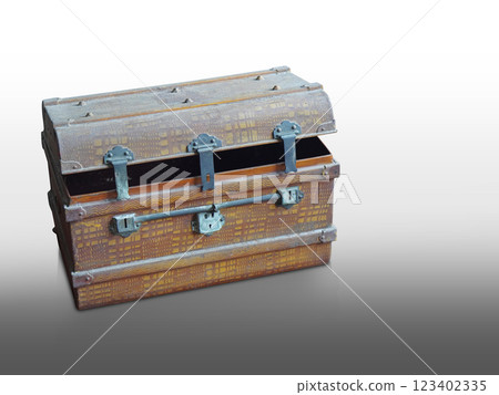 top view old brown steel chest opened and lay on gradient white and black floor background, object, ancient, decor, copy space 123402335