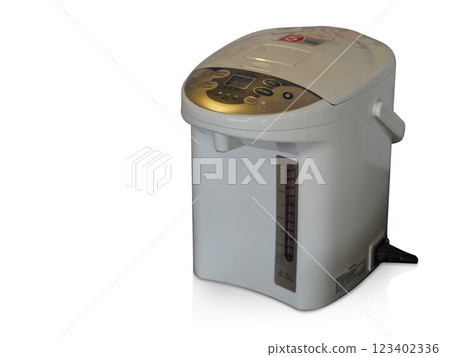 old white plastic thermos on white background, decor, technology, copy space 123402336