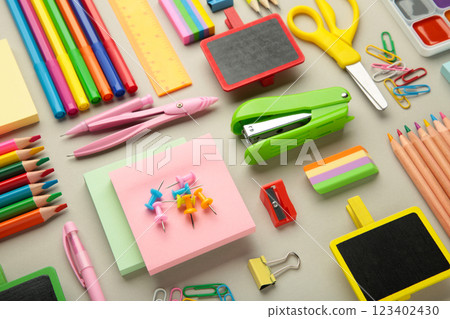 Different stationery on light background, flat lay with space for text. Back to school 123402430