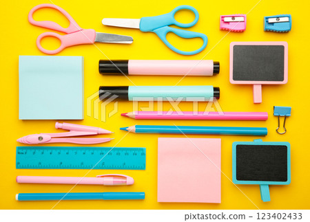 School supplies on yellow background. Back to school concept. 123402433