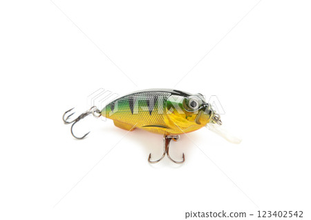 Nikolaev, Ukraine - 08 july, 2022: Colorful fishing lures, wobbler isolated on white background. 123402542