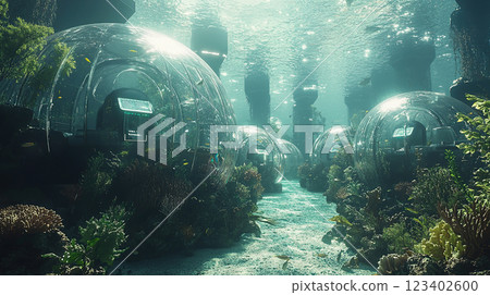 A unique underwater habitat showcases glass domes nestled among colorful coral reefs, bathed in sunlight. A unique underwater habitat showcases glass domes nestled among colorful coral reefs, bathed in sunlight. 123402600