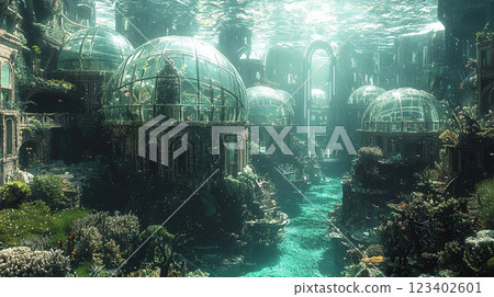 A breathtaking underwater city showcases unique architecture and thriving vegetation, creating an enchanting seascape. 123402601