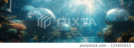 A futuristic underwater habitat featuring transparent domes surrounded by a thriving coral reef ecosystem. 123402613