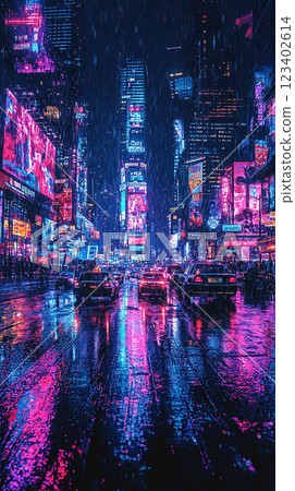 A vibrant Times Square scene at night, its neon lights reflect on the wet streets during a rainfall. 123402614