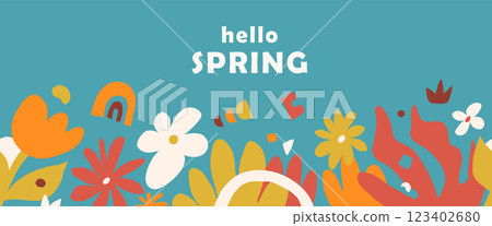 Spring seamless border vector illustration. Horizontal pattern background for Mothers Day, Easter design. Banner template with organic abstract flowers, rainbow, leaves in retro modern style 123402680