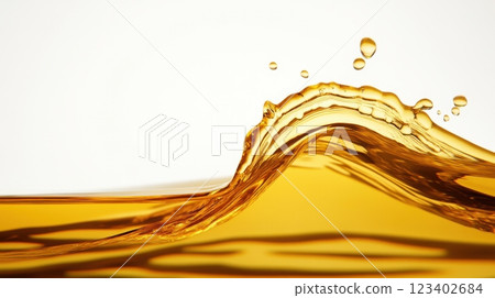golden liquid splash in motion, rich amber tones, transparent oil texture, floating droplets, perfect wave shape, realistic reflections, isolated on white studio background. 123402684