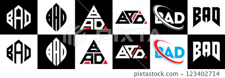 BAD letter logo design in six style. BAD polygon, circle, triangle, hexagon, flat and simple style with black and white color variation letter logo set in one artboard. BAD minimalist and classic logo BAD letter logo design in six style. BAD polygon, circle, triangle, hexagon, flat and simple style with black and white color variation letter logo set in one artboard. BAD minimalist and classic logo 123402714