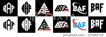 BAF letter logo design in six style. BAF polygon, circle, triangle, hexagon, flat and simple style with black and white color variation letter logo set in one artboard. BAF minimalist and classic logo 123402716
