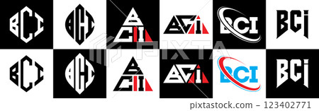 BCI letter logo design in six style. BCI polygon, circle, triangle, hexagon, flat and simple style with black and white color variation letter logo set in one artboard. BCI minimalist and classic logo 123402771