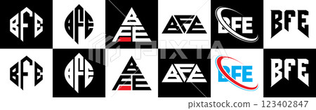 BFE letter logo design in six style. BFE polygon, circle, triangle, hexagon, flat and simple style with black and white color variation letter logo set in one artboard. BFE minimalist and classic logo BFE letter logo design in six style. BFE polygon, circle, triangle, hexagon, flat and simple style with black and white color variation letter logo set in one artboard. BFE minimalist and classic logo 123402847