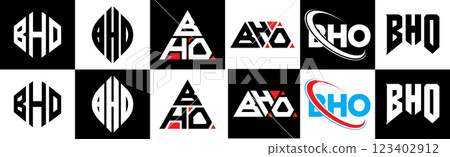 BHO letter logo design in six style. BHO polygon, circle, triangle, hexagon, flat and simple style with black and white color variation letter logo set in one artboard. BHO minimalist and classic logo BHO letter logo design in six style. BHO polygon, circle, triangle, hexagon, flat and simple style with black and white color variation letter logo set in one artboard. BHO minimalist and classic logo 123402912