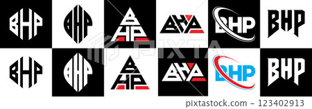 BHP letter logo design in six style. BHP polygon, circle, triangle, hexagon, flat and simple style with black and white color variation letter logo set in one artboard. BHP minimalist and classic logo BHP letter logo design in six style. BHP polygon, circle, triangle, hexagon, flat and simple style with black and white color variation letter logo set in one artboard. BHP minimalist and classic logo 123402913