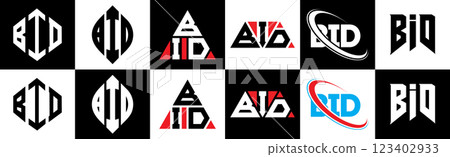 BID letter logo design in six style. BID polygon, circle, triangle, hexagon, flat and simple style with black and white color variation letter logo set in one artboard. BID minimalist and classic logo BID letter logo design in six style. BID polygon, circle, triangle, hexagon, flat and simple style with black and white color variation letter logo set in one artboard. BID minimalist and classic logo 123402933