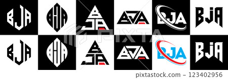 BJA letter logo design in six style. BJA polygon, circle, triangle, hexagon, flat and simple style with black and white color variation letter logo set in one artboard. BJA minimalist and classic logo 123402956
