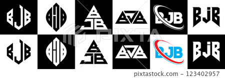 BJB letter logo design in six style. BJB polygon, circle, triangle, hexagon, flat and simple style with black and white color variation letter logo set in one artboard. BJB minimalist and classic logo 123402957