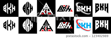 BKH letter logo design in six style. BKH polygon, circle, triangle, hexagon, flat and simple style with black and white color variation letter logo set in one artboard. BKH minimalist and classic logo BKH letter logo design in six style. BKH polygon, circle, triangle, hexagon, flat and simple style with black and white color variation letter logo set in one artboard. BKH minimalist and classic logo 123402989