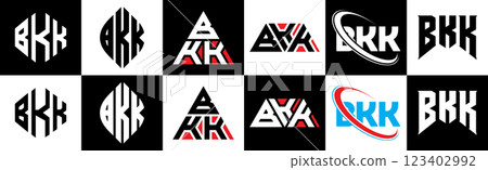 BKK letter logo design in six style. BKK polygon, circle, triangle, hexagon, flat and simple style with black and white color variation letter logo set in one artboard. BKK minimalist and classic logo 123402992