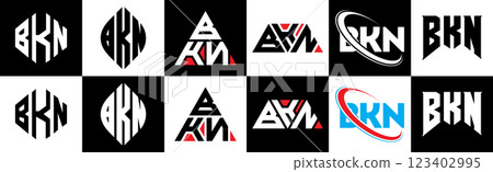 BKN letter logo design in six style. BKN polygon, circle, triangle, hexagon, flat and simple style with black and white color variation letter logo set in one artboard. BKN minimalist and classic logo 123402995