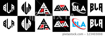 BLA letter logo design in six style. BLA polygon, circle, triangle, hexagon, flat and simple style with black and white color variation letter logo set in one artboard. BLA minimalist and classic logo BLA letter logo design in six style. BLA polygon, circle, triangle, hexagon, flat and simple style with black and white color variation letter logo set in one artboard. BLA minimalist and classic logo 123403008