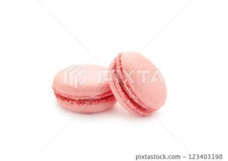 Sweet raspberries macarons isolated on white background. 123403198
