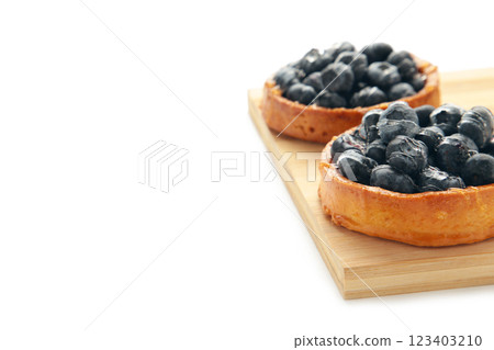 Blueberry tartlet isolated on white background. Homemade tarts with black berries. 123403210