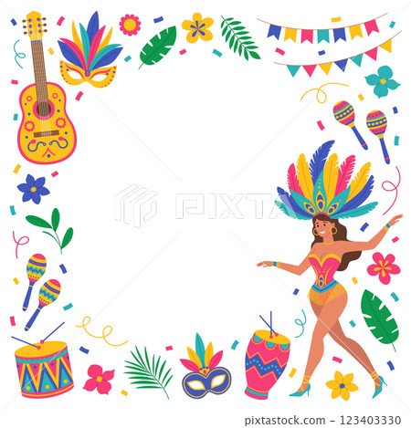 Brazil Carnival frame with woman in costume with feathers, guitar, maracas, drums, masks, flowers, leaves, garlands and confetti. Music festival. Vector flat illustration for banner, poster 123403330