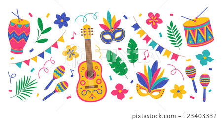 Brazil Carnival set with guitar, maracas, drums, masks with feathers, flowers, leaves, garlands and confetti. Festival elements collection. Vector flat illustration for banner, poster 123403332