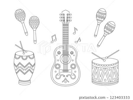Ethnic musical instruments coloring page. Outline set with guitar, drum, drumsticks, conga, maracas and notes. Latin music festival, brazil carnival contour collection. Coloring book for print 123403333