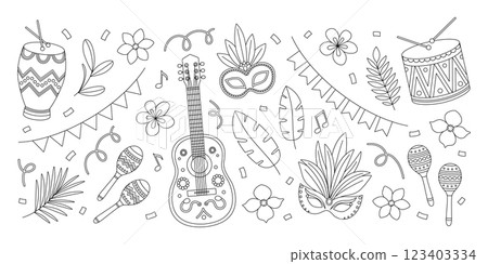 Brazil Carnival coloring page. Outline set with guitar, maracas, drums, masks with feathers, flowers, leaves, garlands and confetti. Contour festival elements collection. Coloring book for print 123403334