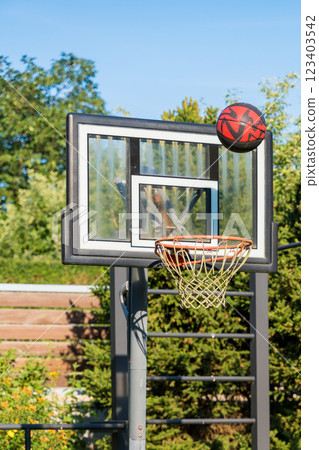 Basketball hoop with ball in outdoor setting surrounded by greenery on a sunny day Basketball hoop with ball in outdoor setting surrounded by greenery on a sunny day 123403542