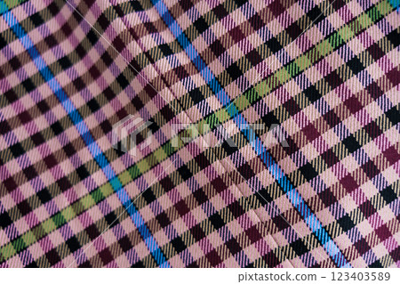 A detailed view of checkered fabric featuring pink, maroon, green, blue, and beige tones A detailed view of checkered fabric featuring pink, maroon, green, blue, and beige tones 123403589