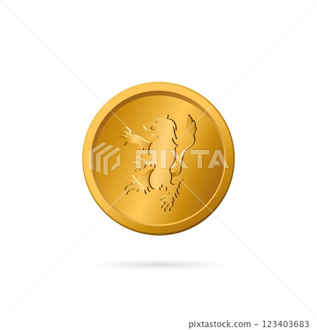 Gold heraldic lion on a coin symbolizing royal authority. 123403683