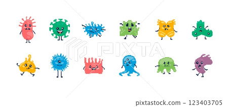 Colorful pixel art monsters with unique shapes and features in a fun and whimsical array Colorful pixel art monsters with unique shapes and features in a fun and whimsical array 123403705