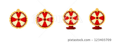 Pixelated red and white shield icons in various rotations and perspectives Pixelated red and white shield icons in various rotations and perspectives 123403709