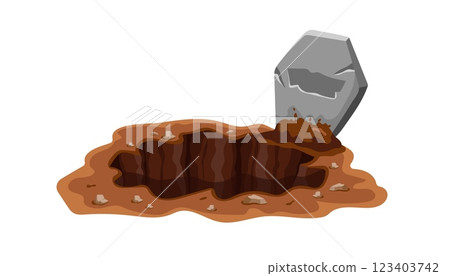 Cartoon image of broken tombstone and deep hole in brown earth 123403742