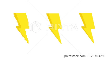 Three yellow lightning bolt symbols in simple pixel art design Three yellow lightning bolt symbols in simple pixel art design 123403796