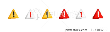 Colorful warning alert icons in triangle shapes with exclamation and caution symbols Colorful warning alert icons in triangle shapes with exclamation and caution symbols 123403799