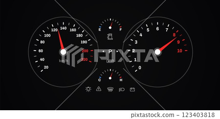 Speedometer and tachometer dashboard with fuel and temperature gauges 123403818