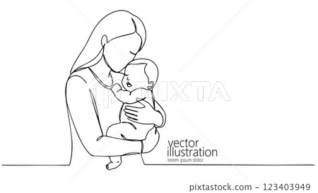 Mother holds baby tenderly. Woman supports infant love bond. Suitable family motherhood designs. Minimalist line art white background vector illustration 123403949