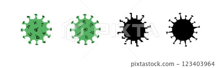 Green virus icon variations in pixel and silhouette style in a row 123403964