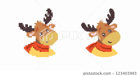 Pixel art reindeer with antlers and red scarf in two styles facing forward 123403993