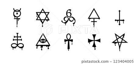 Pentagram icon with esoteric symbols for mystic and spiritual themes. 123404005