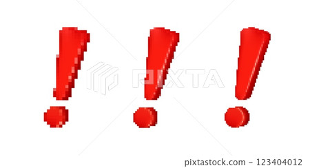 Pixelated red exclamation marks with glossy effect, bold digital punctuation 123404012