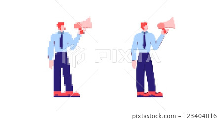 Two pixel art figures holding megaphones facing forward in simplistic style Two pixel art figures holding megaphones facing forward in simplistic style 123404016